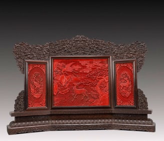 A Exquisite Zitanwood Inlaid Carved Red Lacquer Pine and Crane Pattern Sika Deer Pattern Screen
