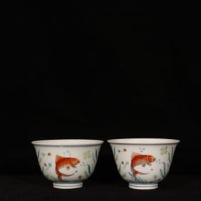 A Pair of Exquisite Doucai Fish and Algae Pattern Cups