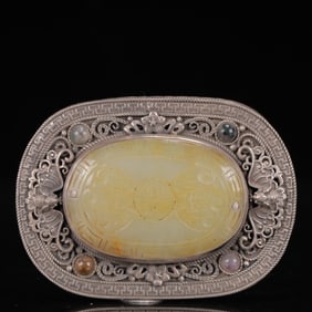 An Exquisite Silver Inlaid White Jade Bats and Peach Pattern Pendant,Inlaid Gems