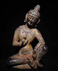 A Solemn Limestone Painted Color Statue of Avalokitesvara