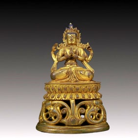 A Solemn Gilt Bronze Four-Armed Statue of Avalokitesvara