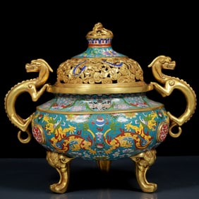 A Rare Cloisonne Dragon Pattern Double-Ears Censer