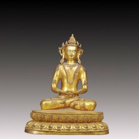 A Solemn Gilt Bronze Inlaid Turquoise Statue of Sakyamuni