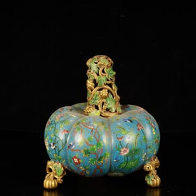 An Exquisite Cloisonne Flower and Bird Pattern Tripod Pumpkin-Shaped Censer