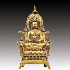 A Solemn Gilt Bronze Statue of Avalokitesvara, Inlaid Gems, With Inscription