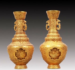 A Pair of Rare Gilt Bronze Flower Pattern Double-Ears Vases