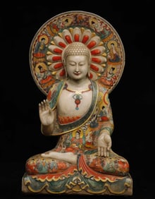A Solemn Marble Painted Color Statue of Sakyamuni