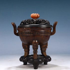 An Exquisite Zitanwood Double-Ears and Tripod Censer,With Base