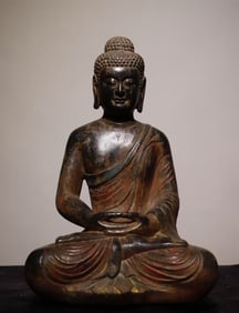A Solemn Limestone Painted Color Statue of Sakyamuni