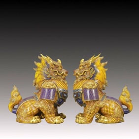 A Pair of Rare Cloisonne Lion Ornaments