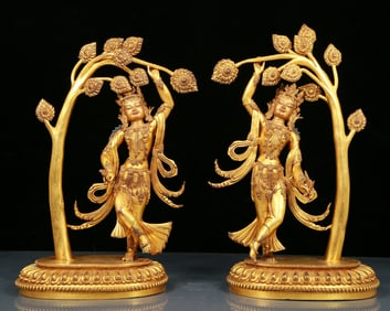 Two solemn gilt bronze Bodhisattva statues