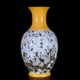 A Rare Yellow Glazed Famille-Rose Pine and Crane Pattern Vase
