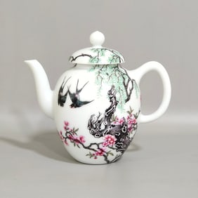 An Exquisite Enamel Flower and Bird Pattern Teapot,With Poem