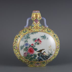 An Exquisite Yellow Ground Famille-Rose Painted Gold Flower and Bird Pattern Double-Ears Vase