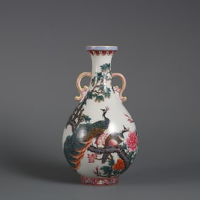 An Exquisite Enamel Painted Gold Flower and Bird Pattern Double-Ears Vase,With Poem