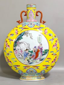 A Rare Yellow Glazed Famille-Rose Painted Gold Character and Story Pattern Double-Ears Vase