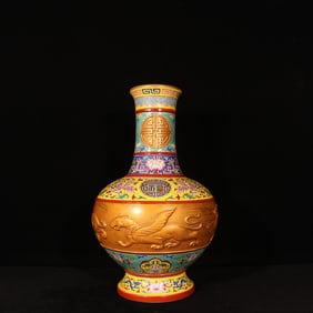 A Rare Enamel Painted Gold Auspicious Beast Pattern Vase