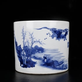 An Exquisite Blue and White Landscape and Figure Pattern Brush Pot,With Poem