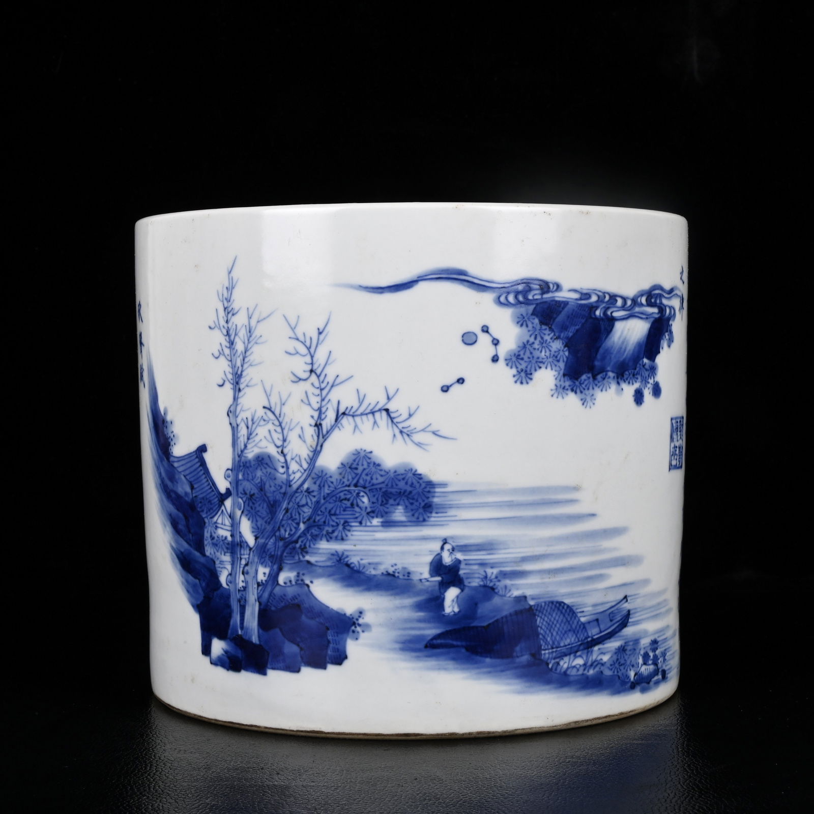 An Exquisite Blue and White Landscape and Figure Pattern Brush Pot,With Poem (1 of 9)