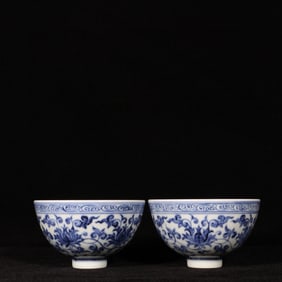 A Pair of Exquisite Blue and White Lotus Pattern Cups