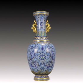 A Huge Cloisonne Lotus and Dragon Pattern Double-Ears Vase