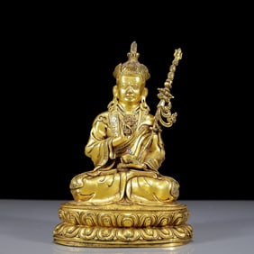 A Solemn Gilt Bronze Inlaid Gems Statue of Padma Sambhava