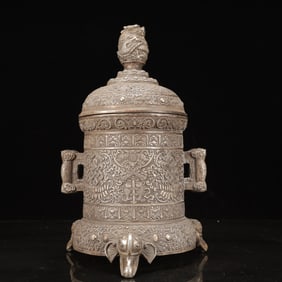 An Exquisite Silver Eight Treasures Pattern Double-Ears Elephant-Legs Censer