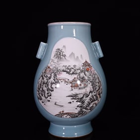 A Rare Sky Blue Glazed Landscape and Figure Pattern Double-Ears Vase