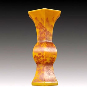 A Precious Coloured glaze Yellow Glazed Landscape Pattern Vase,With Poem