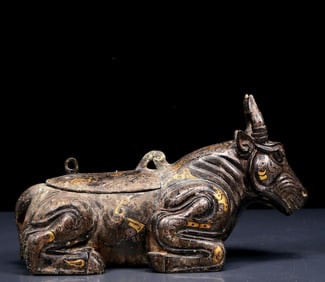 A Pair of Rare Bronze Inlaid Gold and Silver Bull Censer