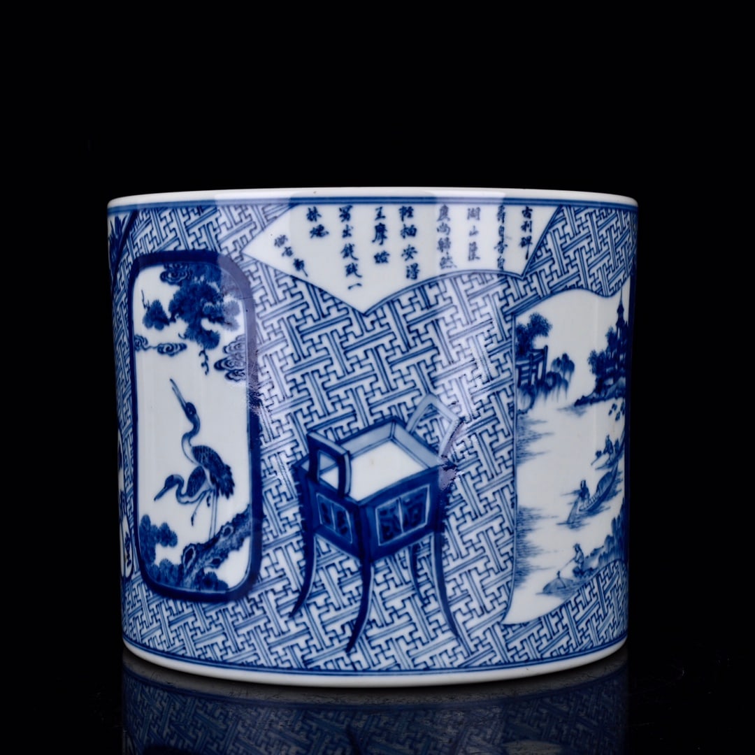 An Exquisite Blue and White Landscape and Figure Pattern Brush Pot,With Poem (1 of 9)