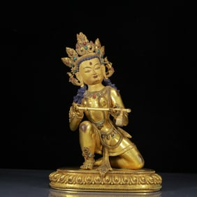 A Solemn Gilt Bronze Inlaid Turquoise Statue of Avalokitesvara