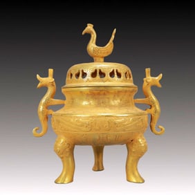 A Rare Gilt Bronze Beast-Face Pattern Dragon-Ears and Tripod Censer,With Inscription