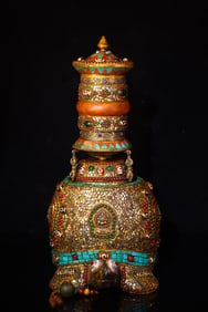 A Rare Meteorite Inlaid Dzi Bead and Gems Turtle Ornament,With Base