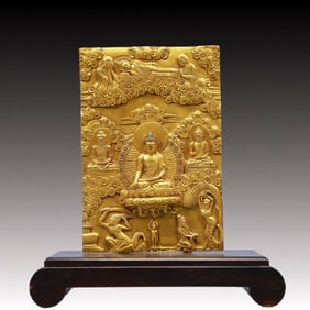 An Exquisite Gilt Bronze Buddha Statue Screen, With Inscription