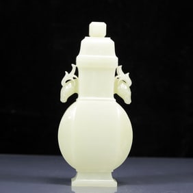 An Exquisite White Jade Deer-Ears Bottle