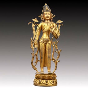 A Solemn Gilt Bronze Statue of Tara, Inlaid Gems