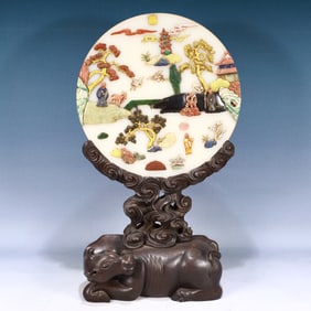 A Huge ZitanwoodInlaid Marble Landscape and Figure Pattern Table Screen,Inlaid Gems