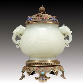 A Precious White Jade Inlaid Gems Double-Ears Censer