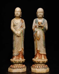 A Pair of Solemn Marble Painted Color  Ananda and Kasyapa Statue,With Scriptures