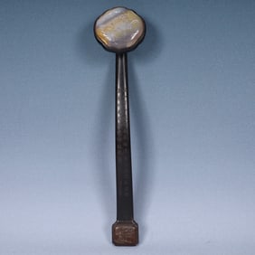 A Huge Zitanwood Inlaid White Jade Fruit Pattern Ruyi,With Poem