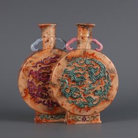 An Exquisite Marbled Glazed Red Green Color Phoenix Pattern Double-Ears Vase