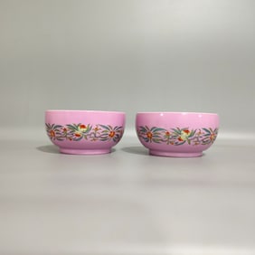 A Pair of Exquisite Pink Ground Famille-Rose Peach Pattern Cups