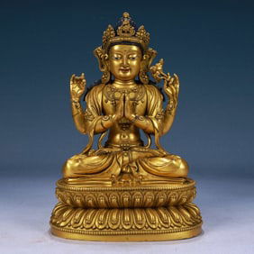 A Solemn Gilt Bronze Four-arms Statue of Avalokitesvara