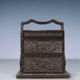 An Exquisite Zitanwood Auspicious Cloud and Bats Pattern Tiered box