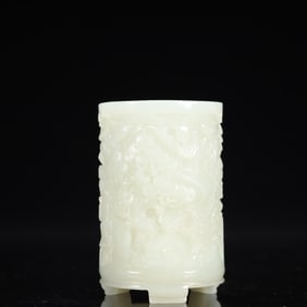An Exquisite White Jade Landscape and Figure Pattern Tripod Brush Pot