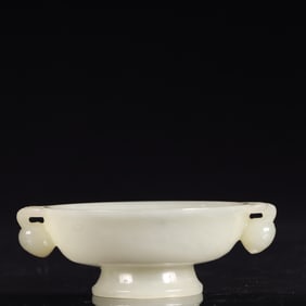 An Exquisite White Jade Peach Pattern Double-Ears Cup