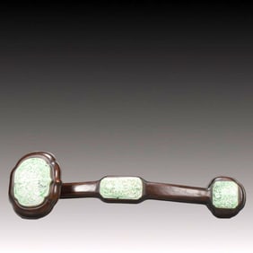 A Huge Zitanwood Inlaid Jadeite Lotus Pattern Ruyi,with poem