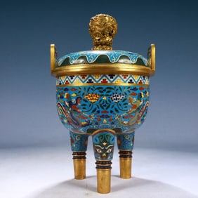 A Rare Cloisonne Auspicious Cloud and Dragon Pattern Double-Ears and Tripod Censer