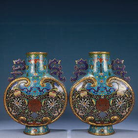 A Pair of Rare Cloisonne Lotus,Bats and Peach Pattern Dragon-Ears Vases